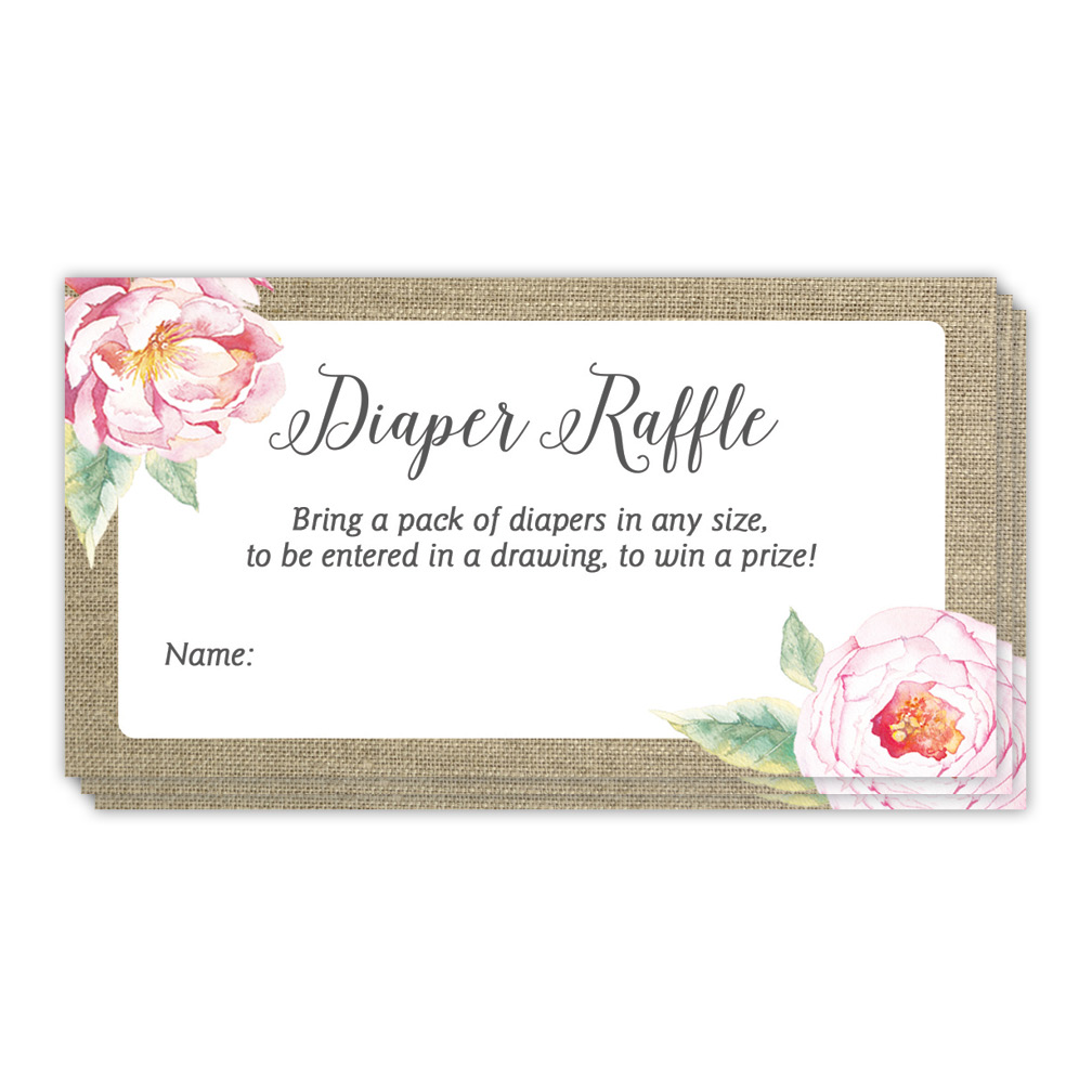 Diaper Raffle Tickets Rustic 48 Pack Baby Shower Infant Girl Gender Guest Invitation Inserts Pink Flowers Fill in Blank Name Cards Party Game Prize Drawing Newborn Daughter 3.5 x 2 Inches Digibuddha